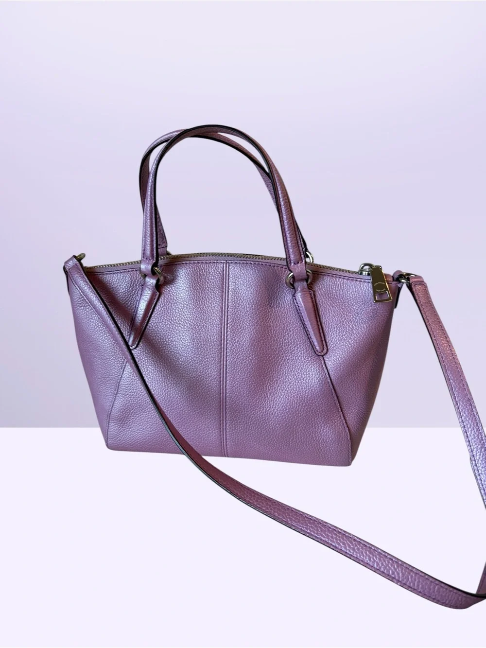 Coach Mini Kelsey Satchel in a metallic lilac purple pebbled leather